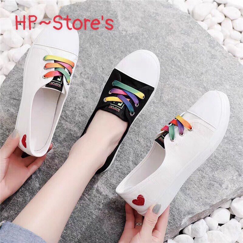 Form dài| Giày lười nữ vải đế bệt xinh xắn, trẻ trung, slip on nữ dây cầu vồng