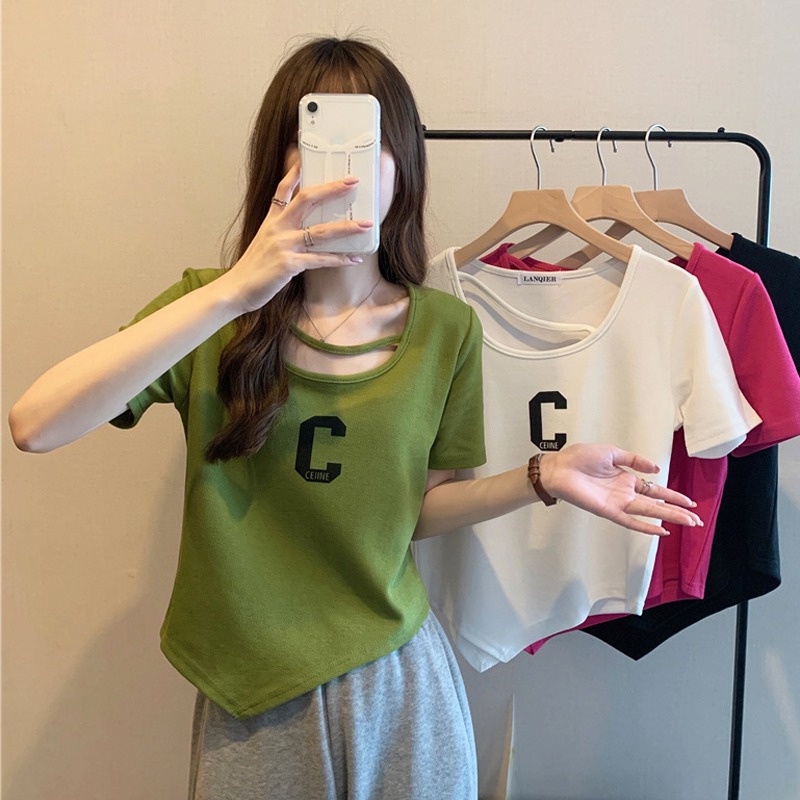 Áo thun dệt kim ZHELIHANGFEI ngắn tay dáng rộng in họa tiết cá tính