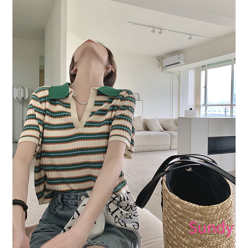 Áo Sơ Mi Dệt Kim Cổ Polo Họa Tiết Kẻ Sọc Thời Trang Mùa Hè Có Size Lớn Cho Nữ