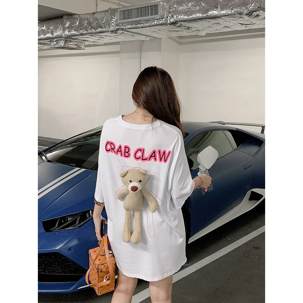 Áo thun tay ngắn có gắn gấu bông CRAB CLAW ulzzang ( 3 màu )