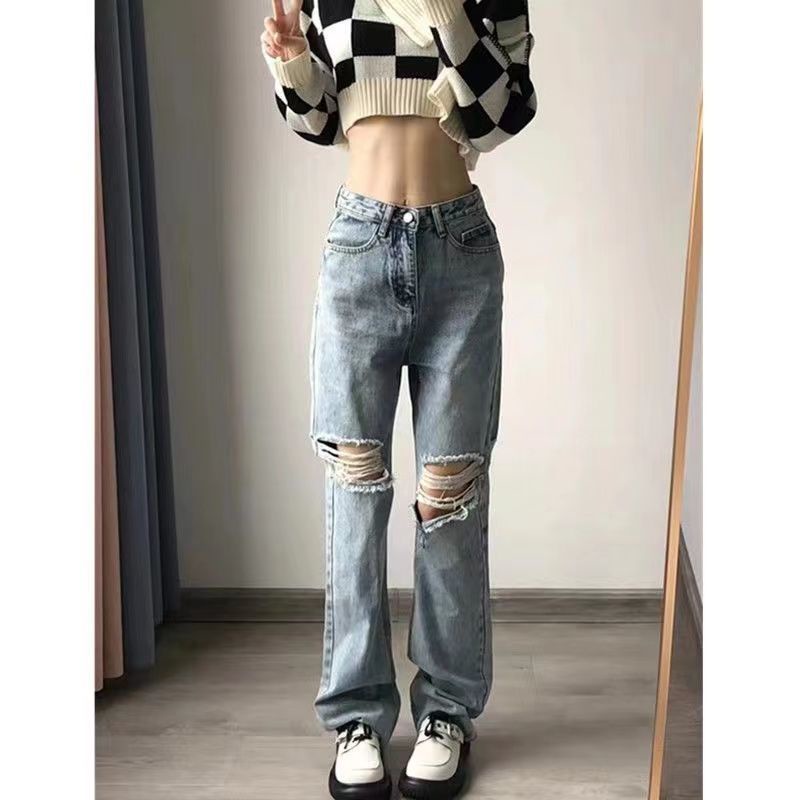 ✽✇Quần Jeans Dài Lưng Cao Ống Rộng Rách Gối Phong Cách Đường Phố Mỹ Thời Trang Mùa Hè Cho Nữ