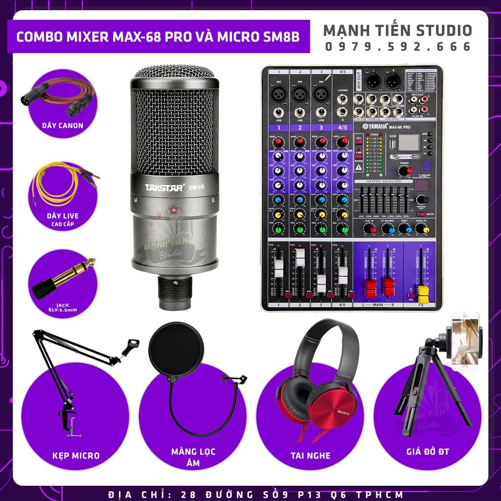 Combo thu âm livestream karaoke đỉnh cao MIXER MAX68 Bluetooth Và Micro SM8B siêu cấp chuẩn âm như phòng thu chất lượng