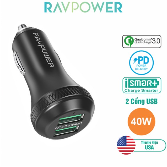 [Mã ELFLASH5 giảm 20K đơn 50K] Tẩu sạc ô tô RAVPower 2 cổng 40W hỗ trợ iSmart 2.0 và Quick Charge 3.0 (RP-VC007)