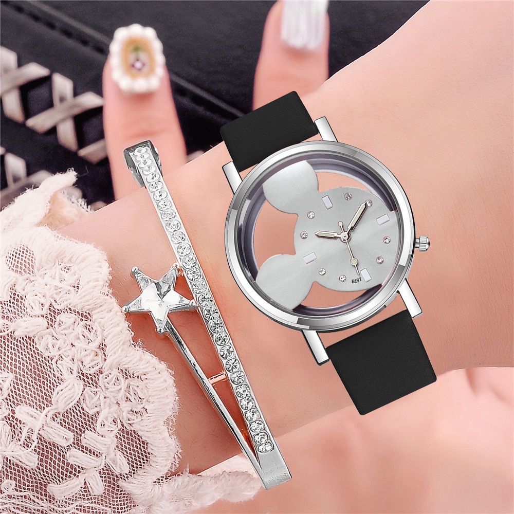 Đồng hồ đeo tay dây da mặt hình chuột Mickey dành cho nữ