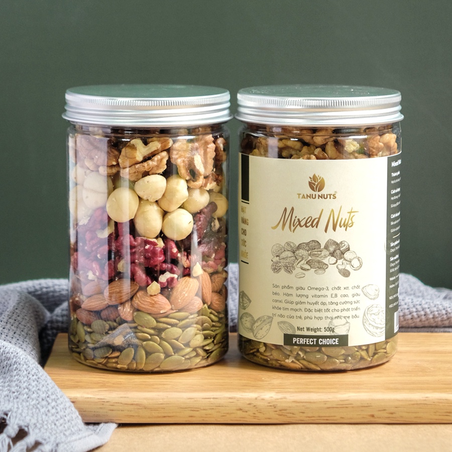 Hạt Dinh Dưỡng Mix 5 Loại TANU NUTS (Macca, Óc Chó Vàng + Đỏ, Hạnh Nhân, Bí Xanh) - Hũ 500gr