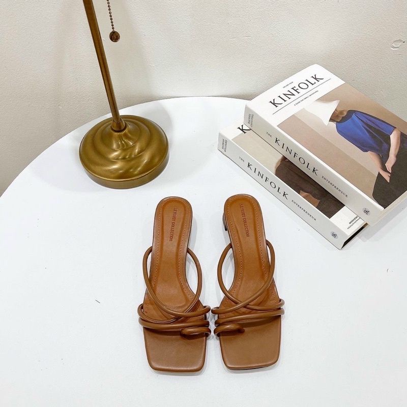 Dép Xỏ Ngón Dây Ống Quai Da Mềm Gót 3 Phân. Guốc Cao Gót Đế Vuông 3 Phân Quai Dây Xỏ Ngón