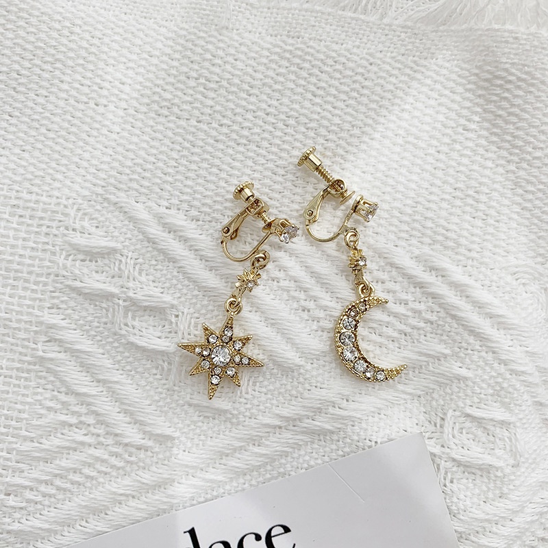 Khuyên tai kẹp không bấm lỗ chốt điều chỉnh K021 bằng hợp kim mạ vàng hình mặt trăng ngôi sao đính đá dáng dài Leous