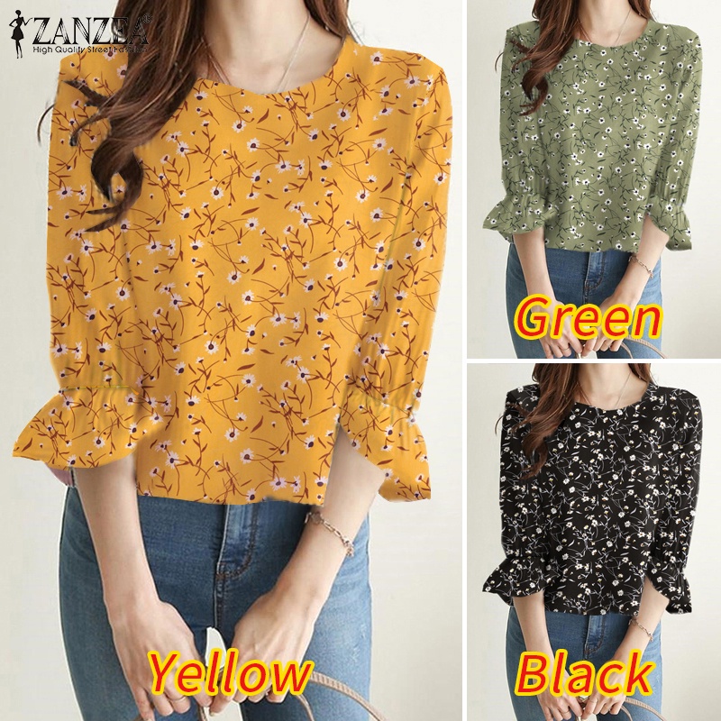 Áo kiểu ZANZEA cổ tròn tay lỡ 3/4 in họa tiết hoa thanh lịch thời trang dành cho nữ