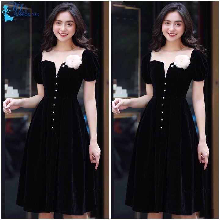 Đầm xòe tay ngắn cổ tròn phối lưới đính hoa công sở dự tiệc dạo phố TH101
