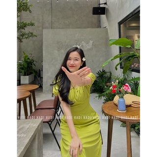 Đầm vải lụa rút ngực dáng middi - Thương