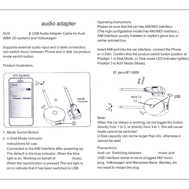 Dây Cáp Nhận Tín Hiệu Âm Thanh Bluetooth AMI MDI Cho Q7 A6L A8L A4L