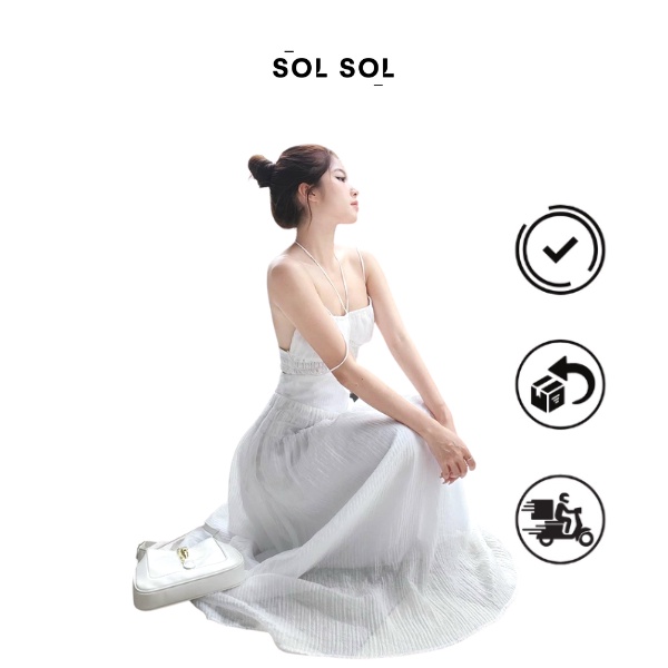 Đầm maxi trắng dây cột có sẵn mút ngực hở lưng bo chun eo