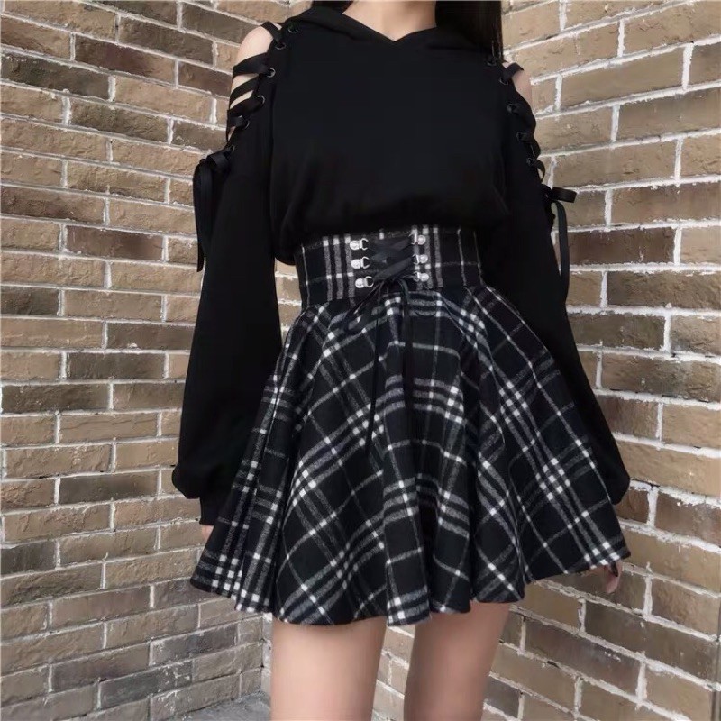 Set áo hoodie hở vai đan dây chéo + chân váy kẻ xoè Ulzzang đan dây cách điệu siêu chất ❤️