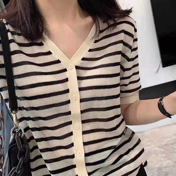 SUXI Áo Dệt Kim Ngắn Tay Kẻ Sọc Thời Trang Retro Dễ Phối Đồ Kiểu Hàn Quốc