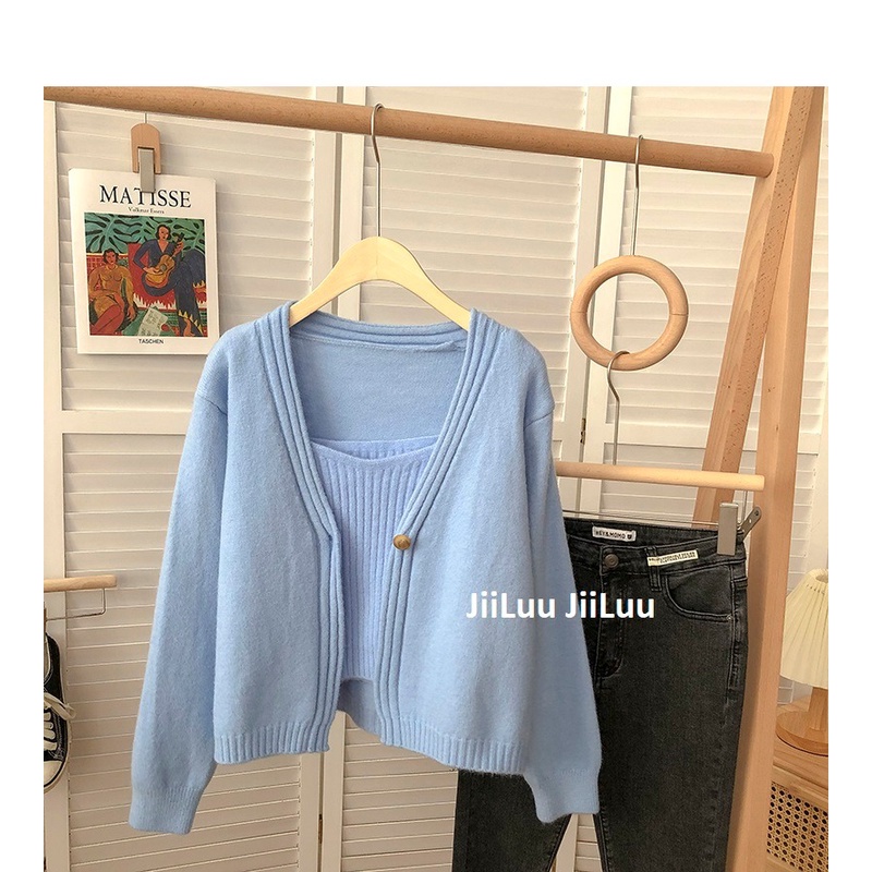 Sét len 2 món gồm áo 2 dây và khoác len 1 cúc JiiLuu