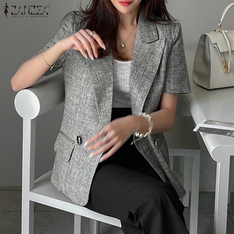ZANZEA Áo Khoác Blazer Ngắn Tay Cài Nút Hở Vai Thời Trang Phong Cách Hàn Quốc Cho Nữ