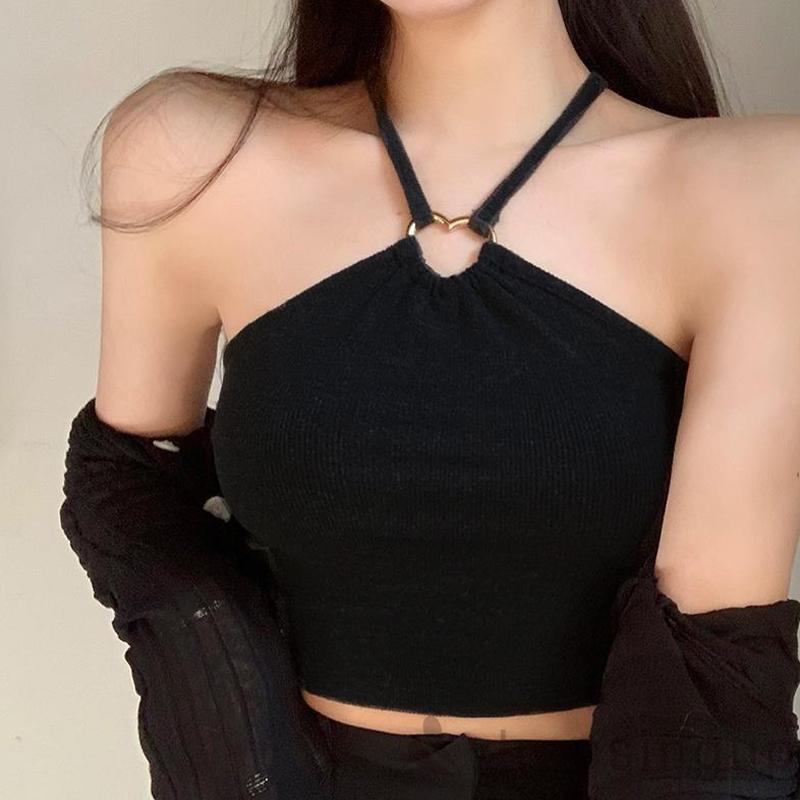 DRE-Women Halter Neck Tank Tops, Solid Color Sleeveless Elastic Ring Connected Outwear Casual Vest Tops