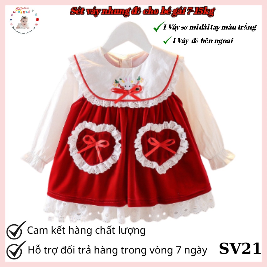Váy thu đông bé gáic chất nhung màu đỏ đính túi trái tim siêu xinh tặng kèm váy sơ mi mặc bên trong size 1-3 tuổi [SV2]