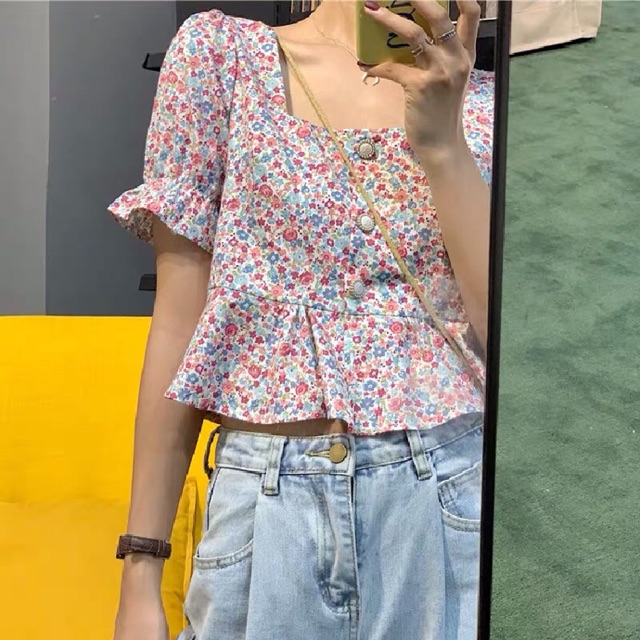 (Sẵn S M) A7✨Áo croptop nữ hoạ tiết hoa nhí tay bồng nữ tính - 4 ảnh thật cuối