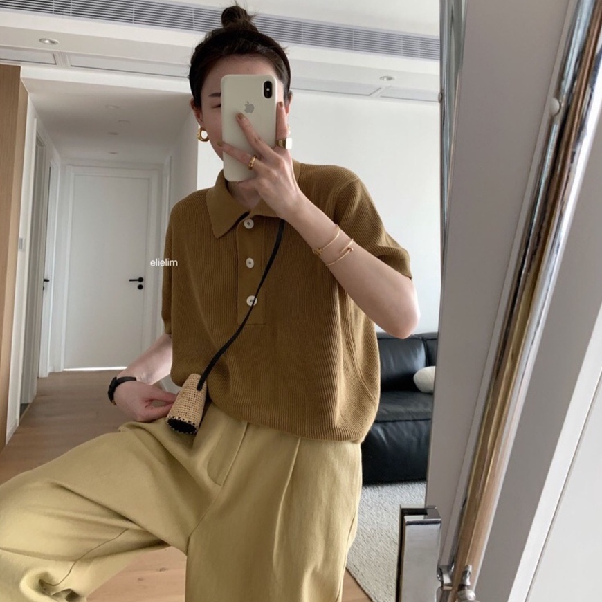 Áo thun ZHELIHANGFEI polo dệt kim lụa lạnh tay ngắn chất liệu mềm mại phong cách Hàn Quốc thời trang hè cho nữ