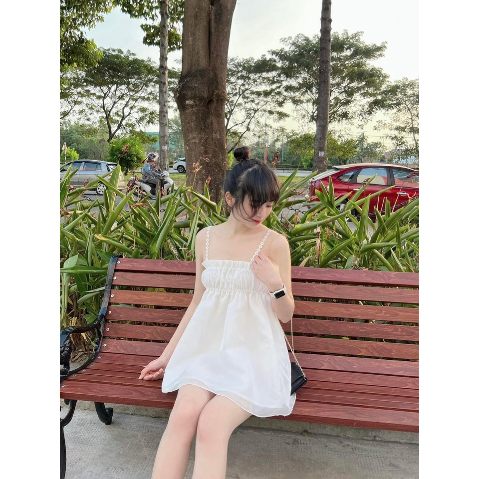 Set bộ áo babydoll 2 dây nhún ngực kèm short trắng