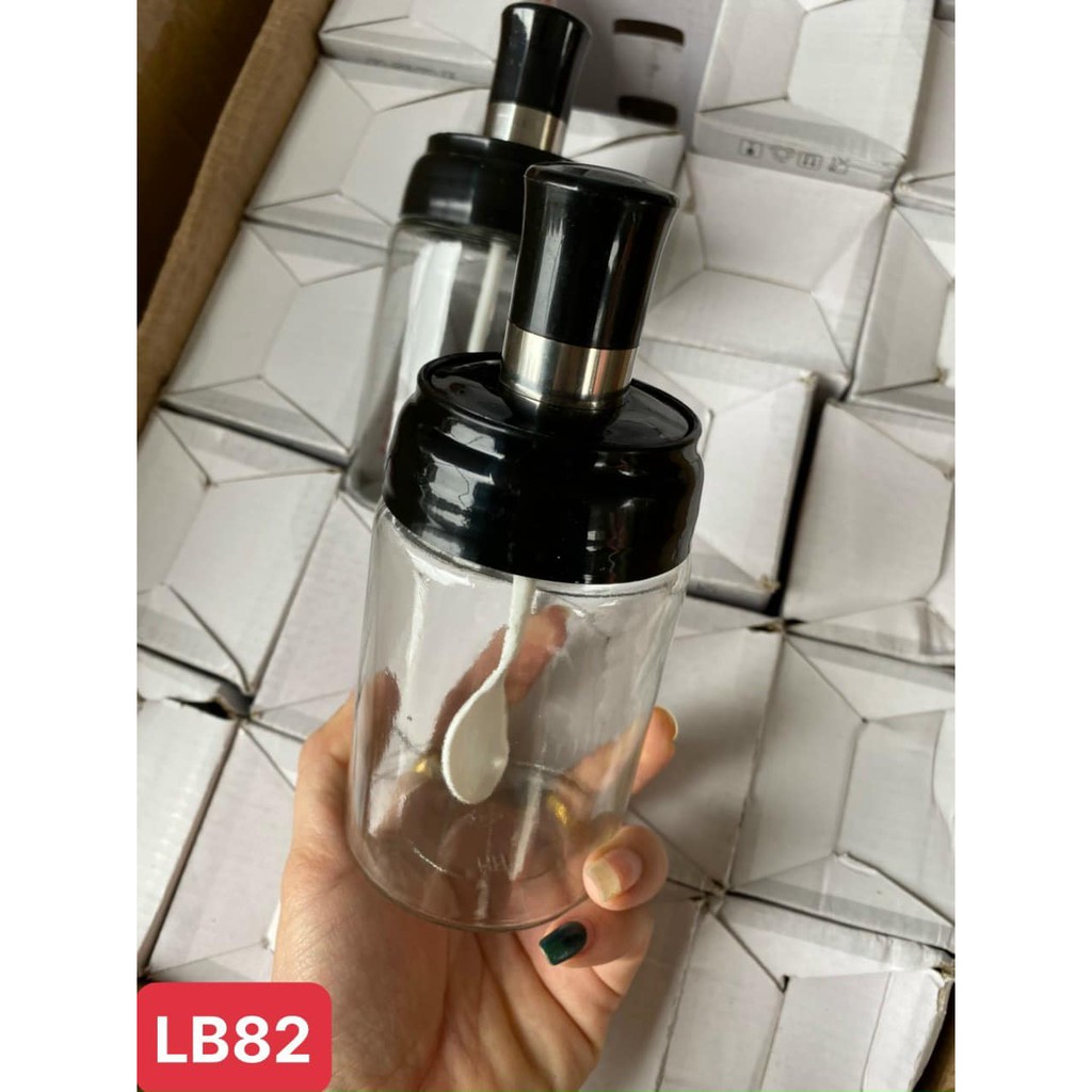 Combo 2 Lọ đựng gia vị kèm thìa 250ml, thủy tinh cao cấp, thìa gắn liền với nắp hộp thông minh