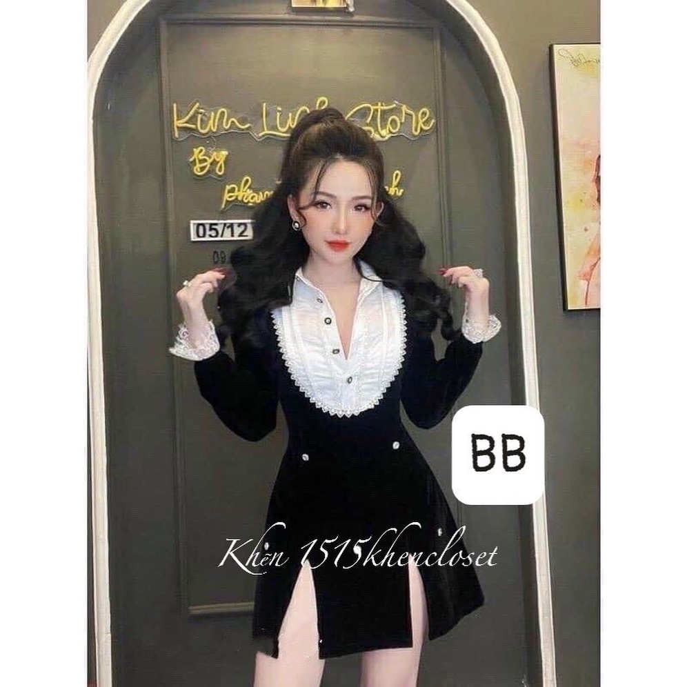 Đầm nhung phối cổ sơ mi