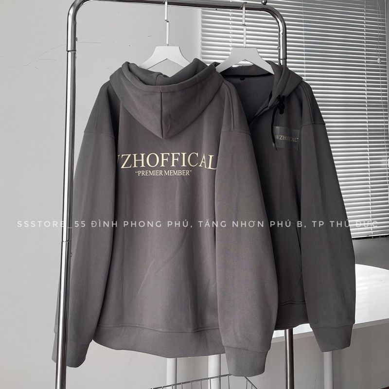 Áo khoác hoodie zip WZHOFFICAL có nón vải nỉ bông màu xám form rộng unisex nam nữ_ SSSTore