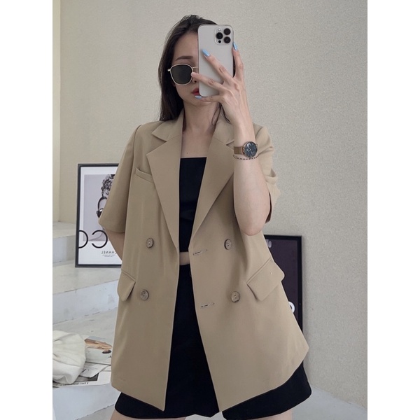 Áo khoác blazer nữ cộc tay dáng dài 4 khuy ngang hàng thiết kế Huien Design form Hàn Quốc thời trang thanh lịch | BigBuy360 - bigbuy360.vn