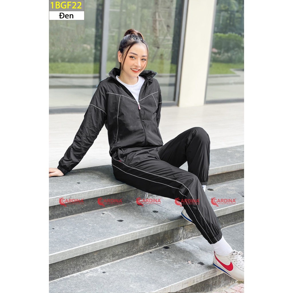 Bộ gió nữ 2 lớp lót lưới cao cấp CARDINA, vải gió trơn cản gió chống nước, phong cách thể thao năng động