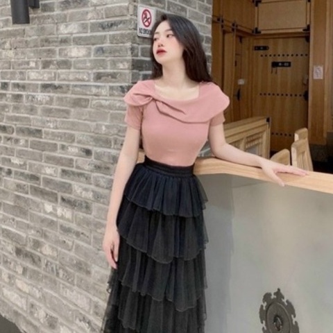 Áo kiểu cổ nơ lệch ngắn tay, Áo thun kiểu dáng ôm co giãn