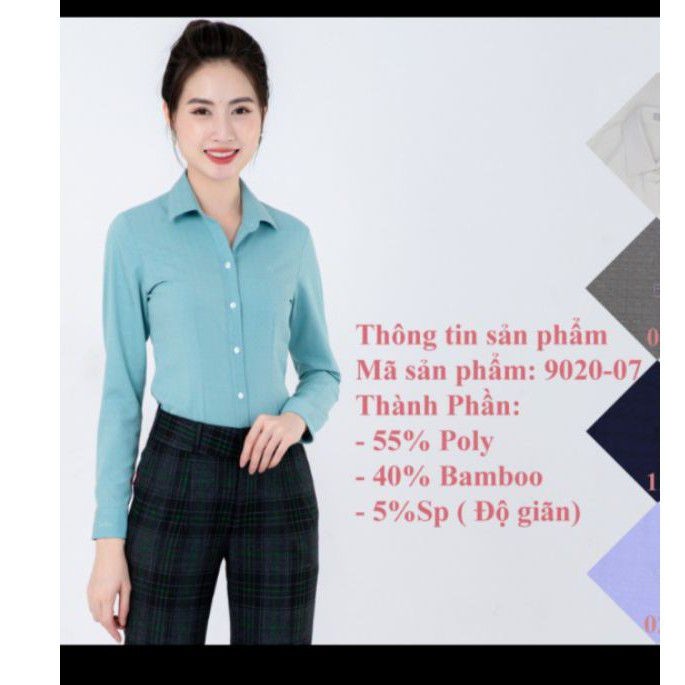 Áo sơ mi nữ Thái Hòa màu xanh mã 9020 và 663 vải co giãn tốt