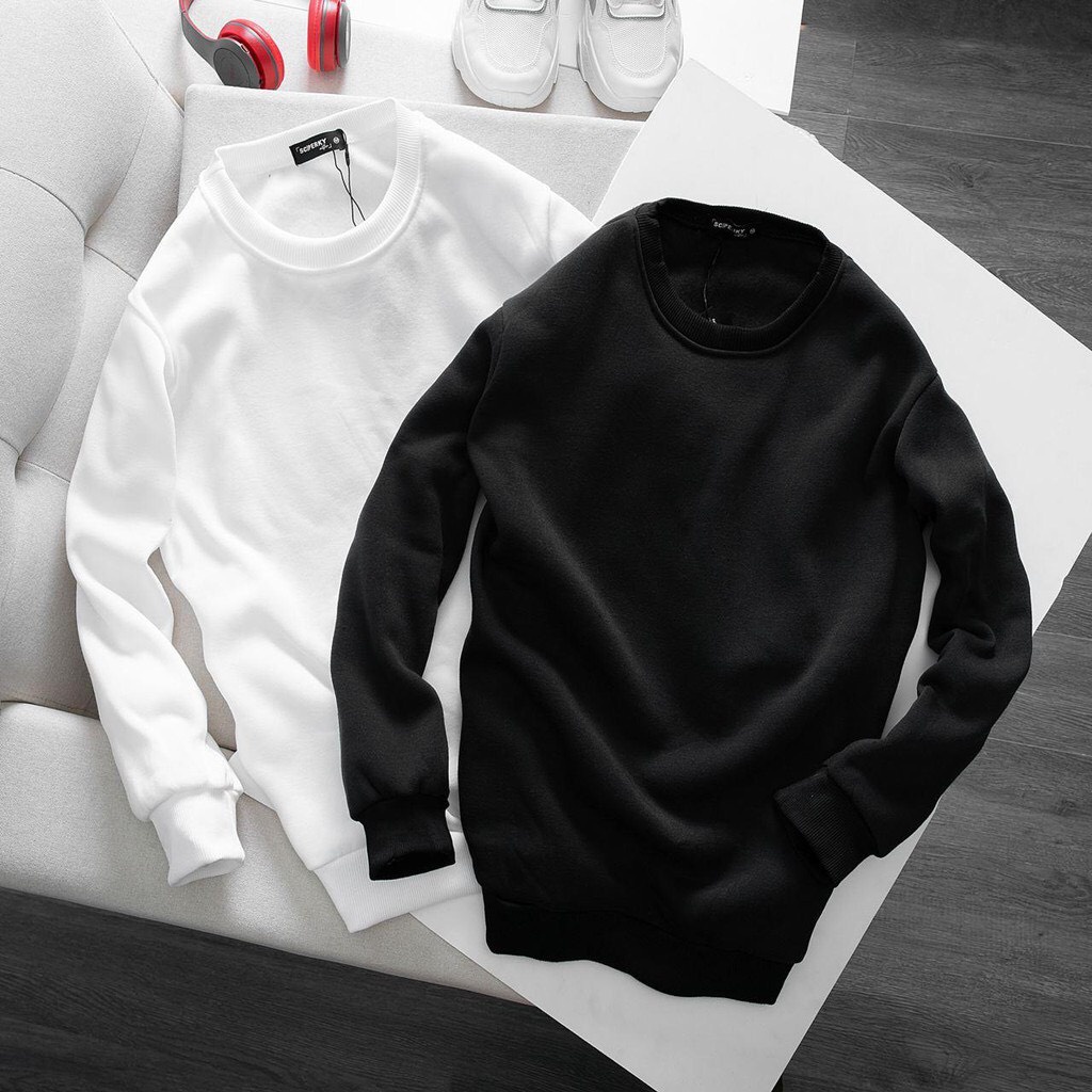Áo thun sweater dài tay Nam Nữ Unisex chất liệu poly Thái thu đông giữ nhiệt đen trắng