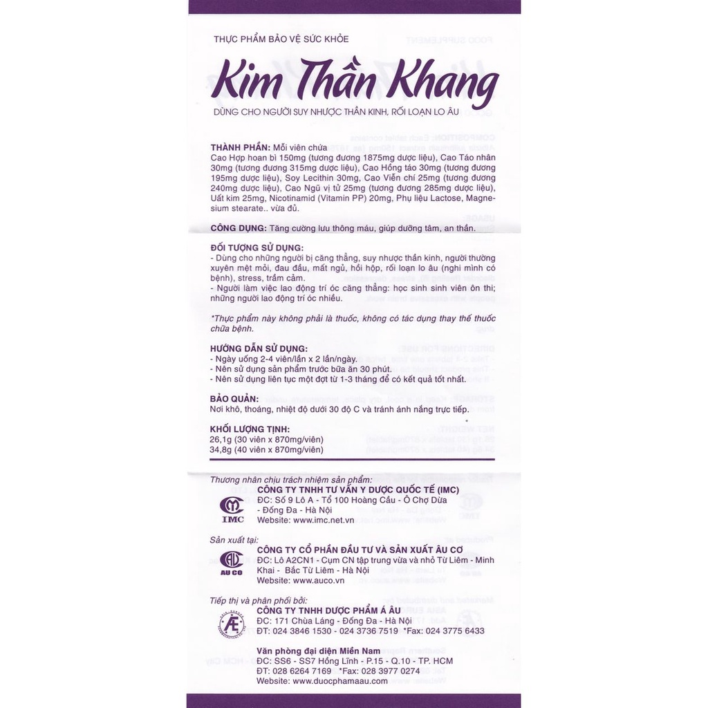 Kim Thần Khang  - Hỗ trợ Mất Ngủ, Rối Loạn Lo Âu, Đau Đầu, Giúp Dưỡng Tâm, An Thần