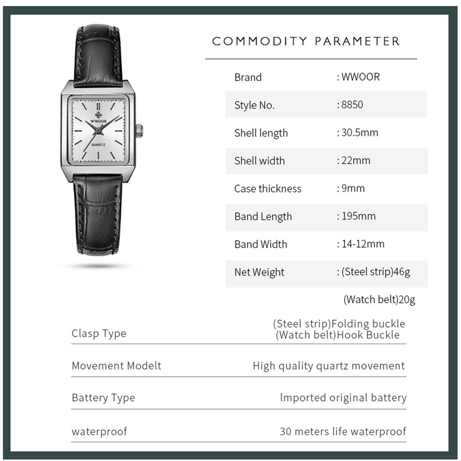 Đồng Hồ Quartz WWOOR Mặt Chữ Nhật Dây Da Màu Đen reloj mujer-8850