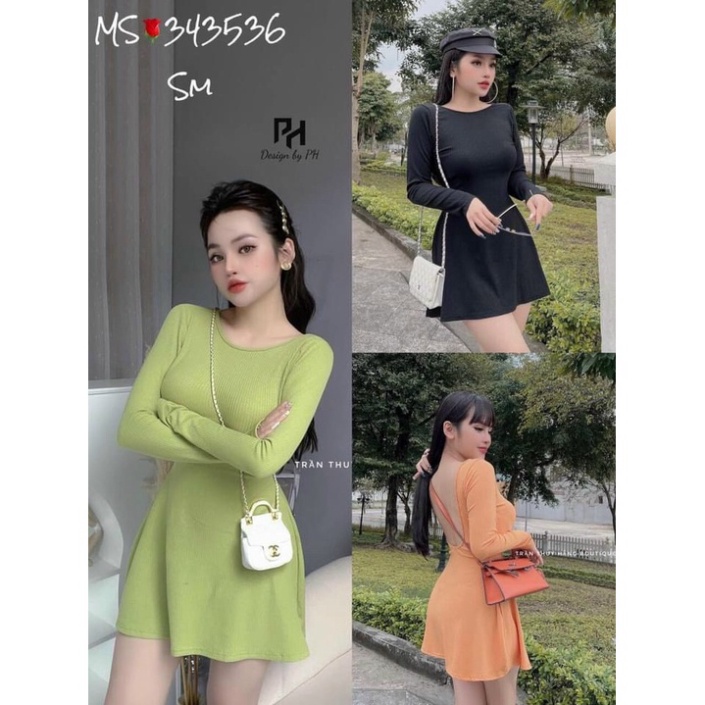 Đầm Váy Body Tay Dài Chất Thun Gân Hở Lưng Dáng Xòe Sexy Cá Tính- Đ0071 | 23tshop