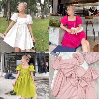 Đầm babydoll tay phồng cổ vuông dây thắt nơ sau lưng, Váy babydoll dáng xoè hở lưng nhiều màu tiểu thư bánh bèo xanh bơ