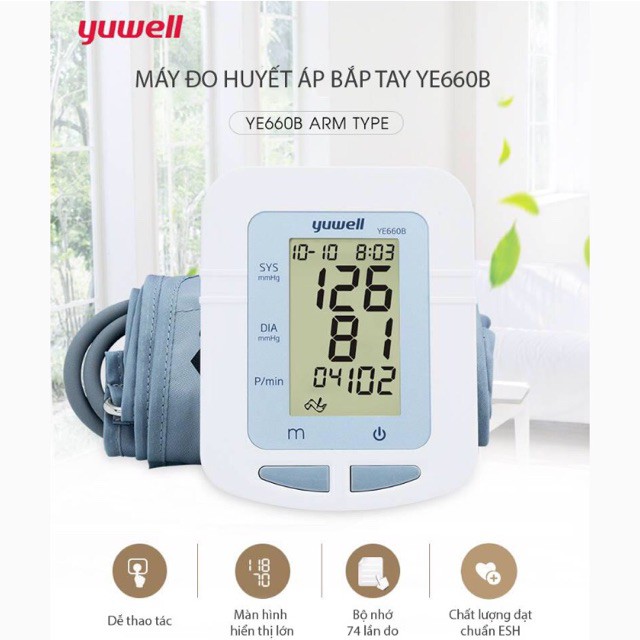 Máy đo huyết áp bắp tay YUWELL YE660B  chính hãng bảo hành 5 năm Kèm Sạc Xịn Chuẩn
