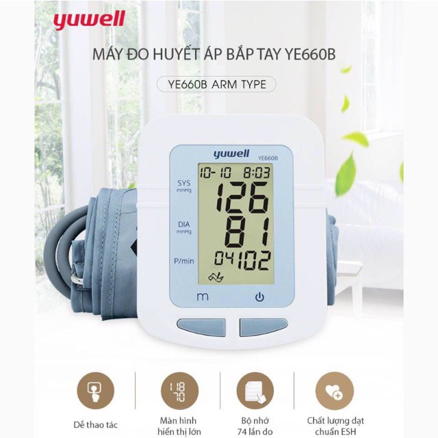 Máy đo huyết áp bắp tay YUWELL YE660B ( YE 660B ) chính hãng kèm sạc bảo hành 5 năm