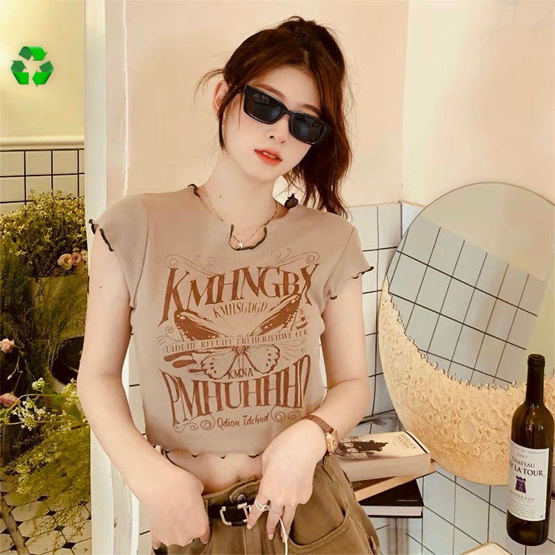 Áo kiểu croptop  viền cuốn in chữ con bứm cực xinh , chất thun bozip mềm mịn