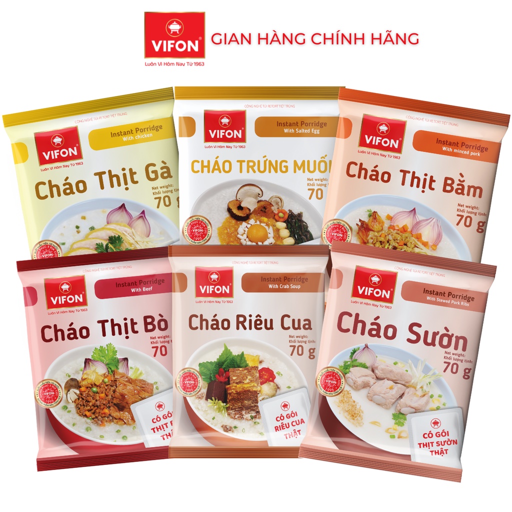 Thùng 50 Cháo Thịt Bò/ Thịt Bằm/ Sườn/ Trứng Muối/ Nấm Đông Cô VIFON có Gói Thịt Thật 27gr (70g / Gói)
