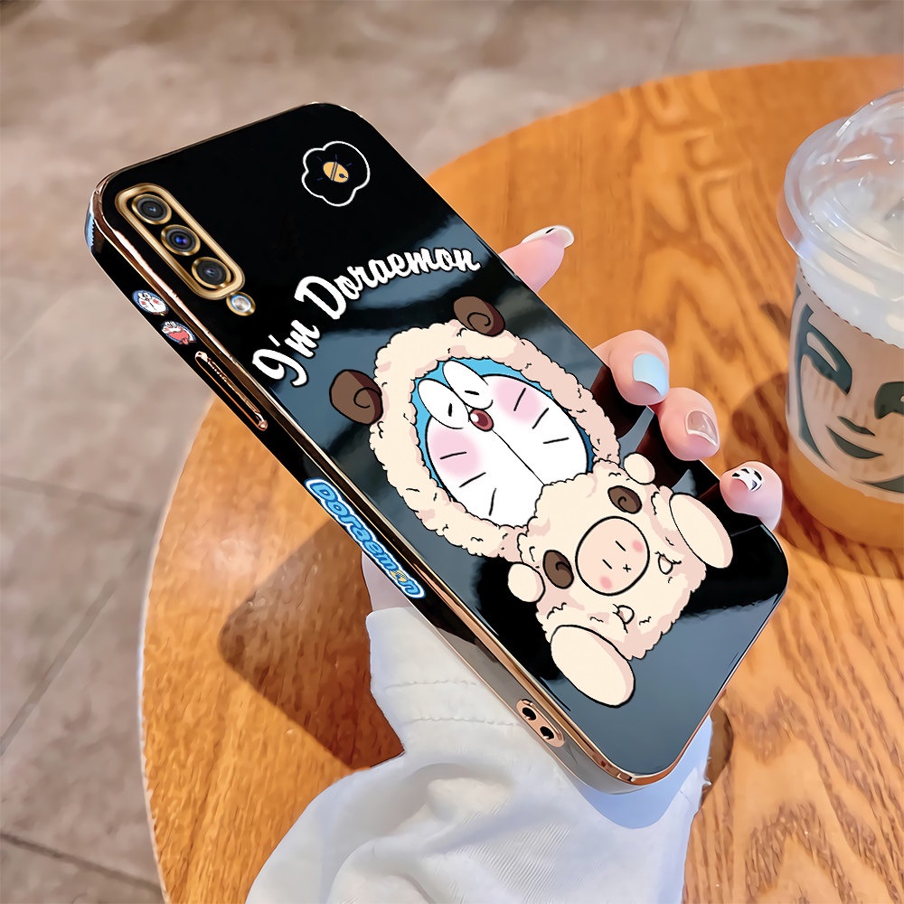 For Samsung Galaxy A50 A30s A50s A30 A20 A20s A10 A10s Soft Cover Cute Cartoon Doraemon Cat Sheep Square Edge Casing Luxury Plating TPU Phone Case