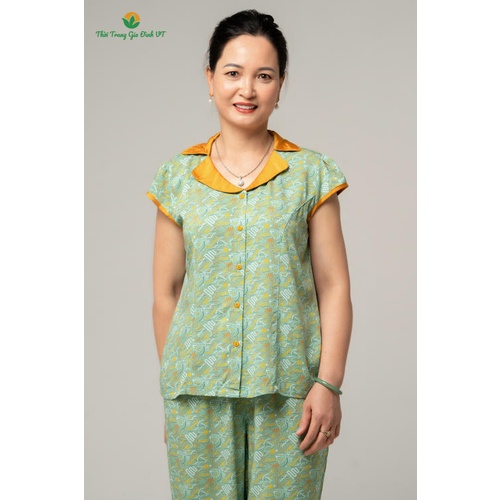 Bộ lanh quần dài áo cộc tay nữ họa tiết B08.2107 - Thời Trang Gia Đình VT