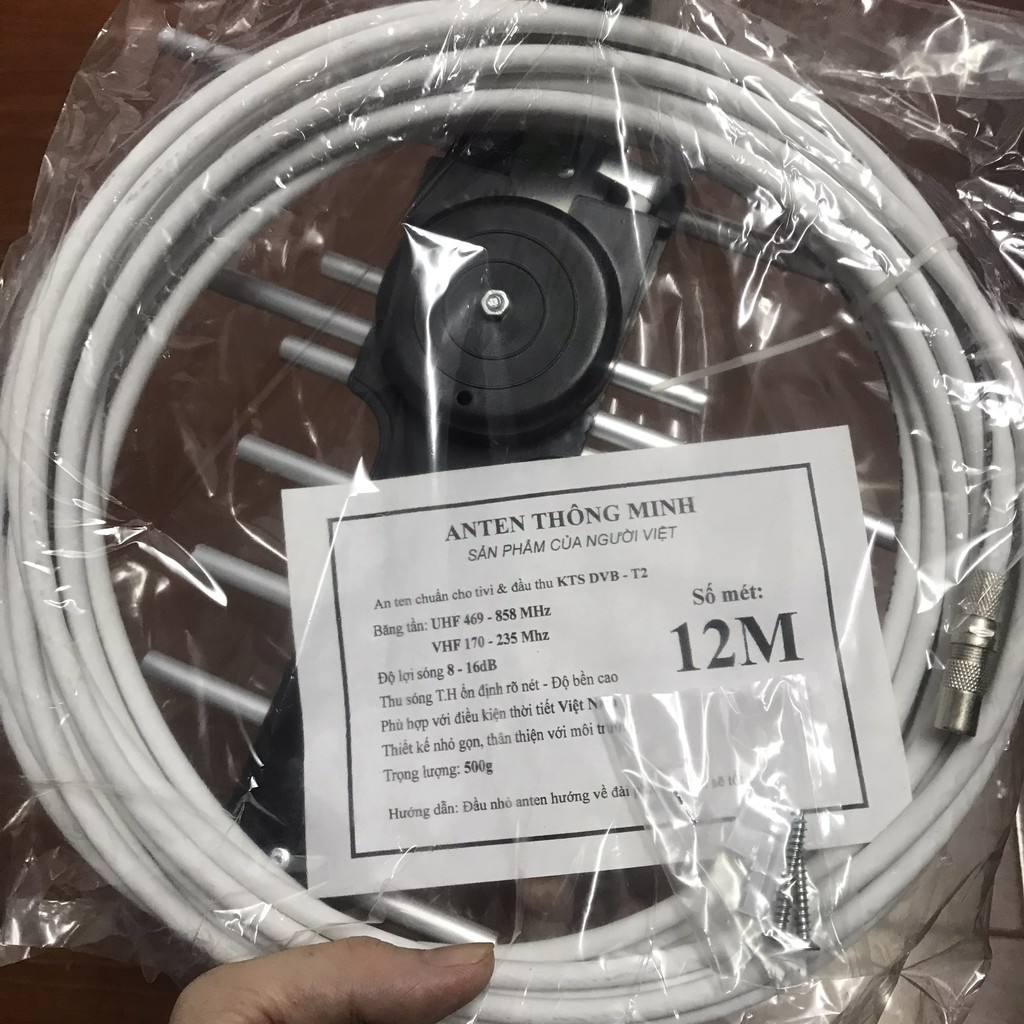 Anten tivi thu sóng DVB T2 - 12m dây cáp - Jack nối - vít bắn tường hoặc cột