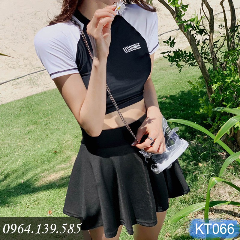 Bộ bơi 2 mảnh nữ kín đáo, dáng quần váy áo cộc tay, có sẵn đệm tròn, chất thun bơi co giãn đẹp, che khuyết điểm | KT066
