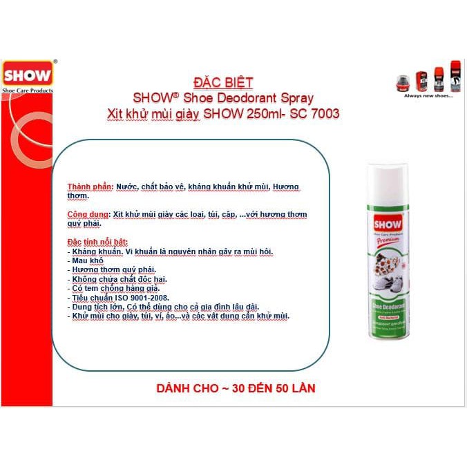 Xịt khử mùi kháng khuẩn giày SHOW 250ml