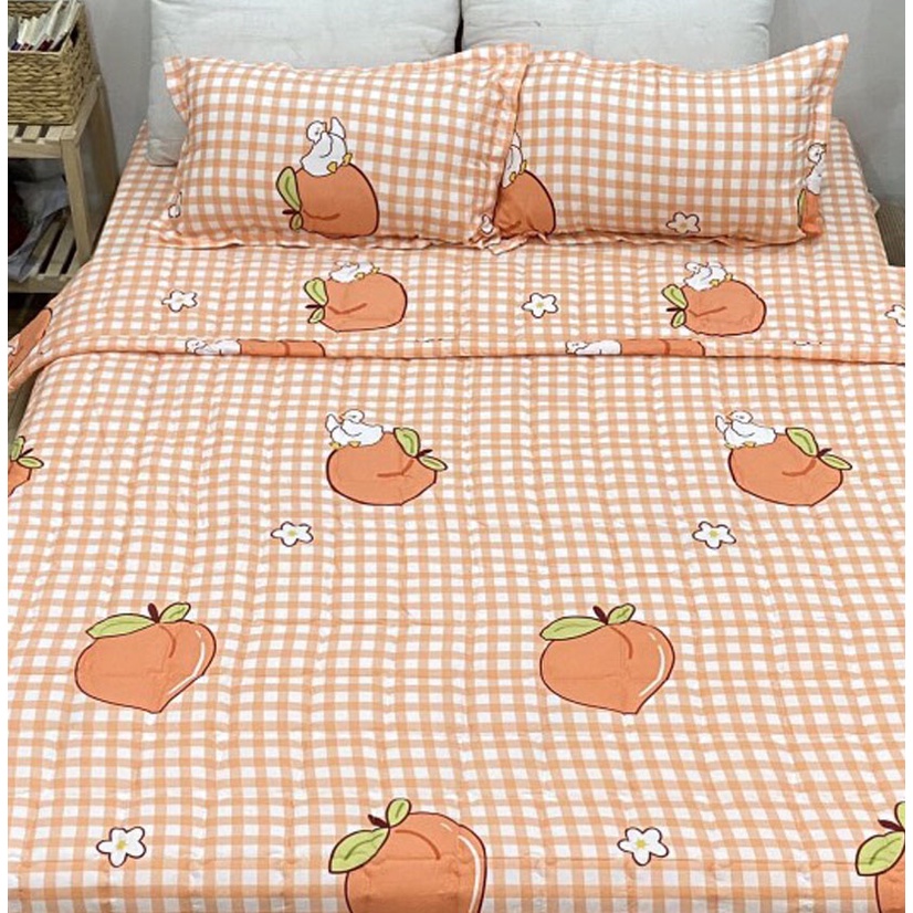 Set ga gối chăn hè chần bông Cotton EMMIBedding, mẫu Đào cam mền cotton họa tiết đáng yêu