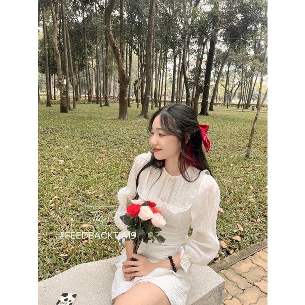 Váy trắng gấm cổ tròn dáng xoè Tia19. Đầm trắng dự tiệc cổ tròn tiểu thư ulzzang | BigBuy360 - bigbuy360.vn