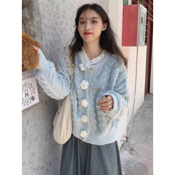 Áo cardigan len vặn thừng nổi khuy hoa hồng len độc đáo nữ tí(nh