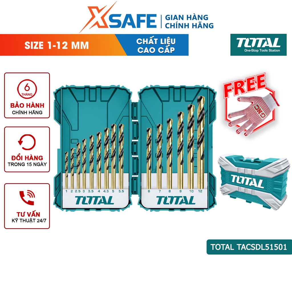 Bộ 15 mũi khoan kim loại TOTAL TACSDL51501 tốc độ cao HSS, kích thước từ 1-12mm, chịu lực chịu nhiệt tốt - chính hãng